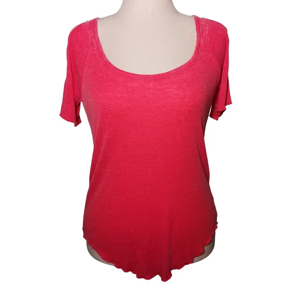 NEW Chaser Ribbed Cotton Blend Top Cut-out‎ Shoulders Watermelon Pink L